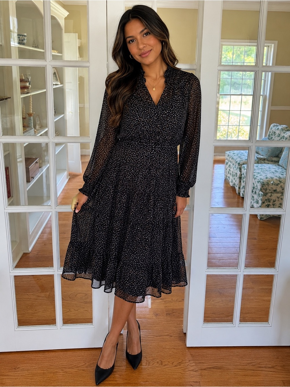 Smocked Neck Black Pattern Midi Dress - Cefinn